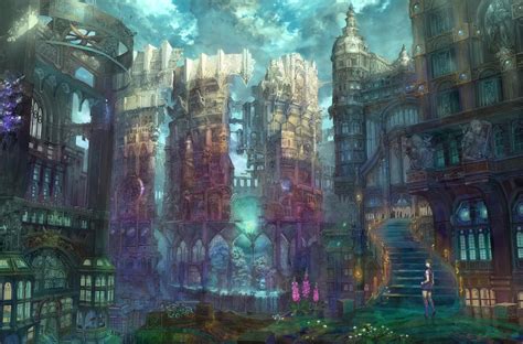 Wallpaper Painting Forest City Cityscape Sky
