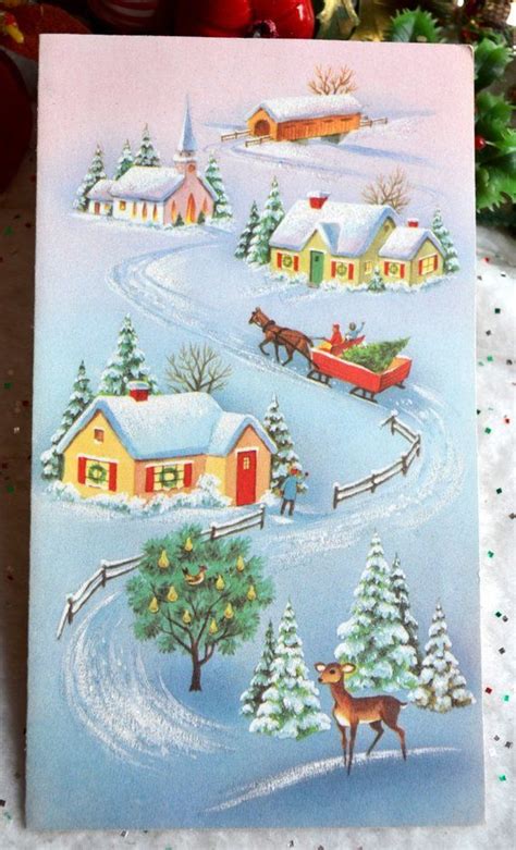Vintage Christmas Card Snowy Country Lane Leading Through Etsy