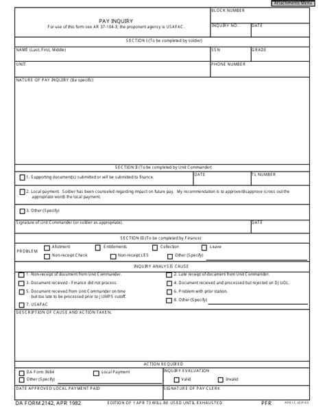 Da Form 2142 Download Fillable Pdf Or Fill Online Pay Inquiry