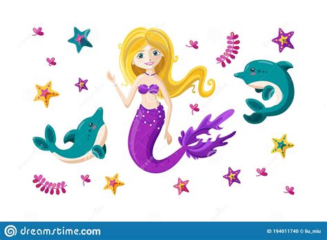 Set With Fairy Mermaid Little Dolphins Seaweed And Starfish Mermaid