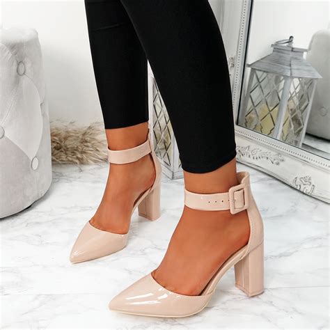 Womens Ladies Ankle Strap High Heel Court Pumps Pointed Toe Block Heel Shoes Ebay