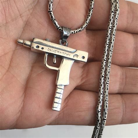 Sterling Silver Uzi Pendant And Kings Chain Necklace Round Solid Etsy