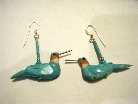2 Sterling Silver Carved Turquoise Hummingbirds Dangle Drop Earrings