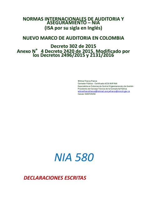 Nia 580 Manifestaciones Escritas Pdf Auditoría Contralor