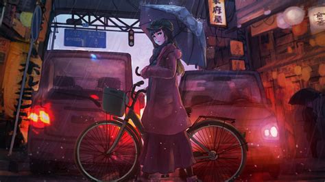 Anime Girl Cyle Rain Umbrella Hd Anime 4k Wallpapers Images