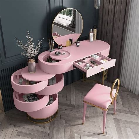 Pink Girls Makeup Vanity Set with Side Cabinet 4 Drawers Dressing Table