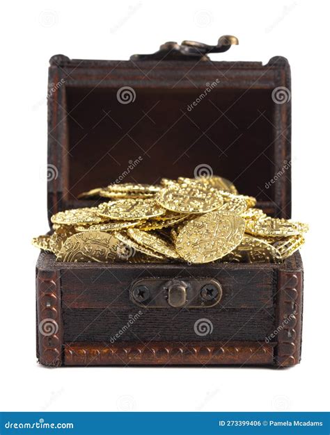 Treasure Chest Filled With Golden Coins On A White Background Stock