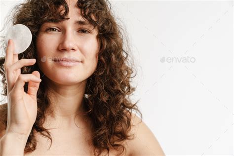 Half Naked Curly Woman Posing And Holding Cotton Pad Stock Photo By Vadymvdrobot