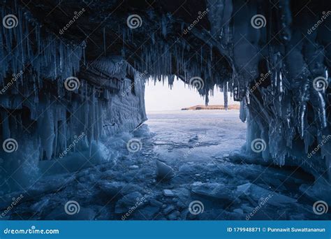 Ice Cave In Baikal Frozen Lake In Winter Season In Siberia Russia