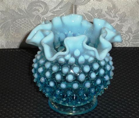 Vintage Fenton Blue Opalescent Glass Vase Hobnail Crimped Rose Bud