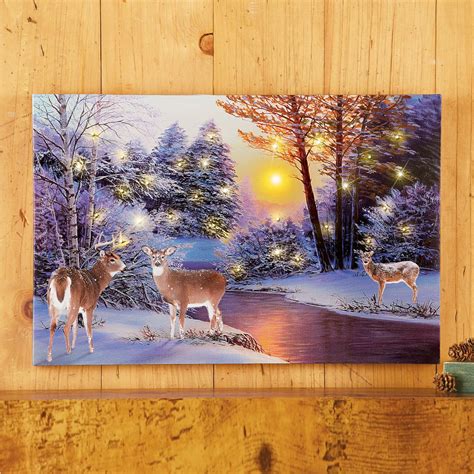 Majestic Riverside Deer Lighted Canvas Wall Art Woodland Stream Snow