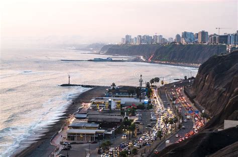 Panoramic View Of Sunset On The Green Coast In Lima Peru Stock Image