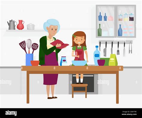 Grandmother Granddaughter Cook Kitchen Stock Vector Images Alamy