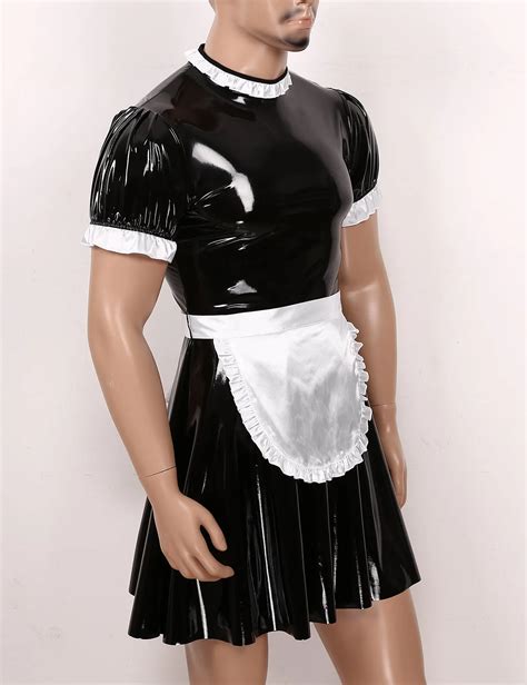 mannelijke heren sissy maid cosplay kostuum set korte puff mouwen wet look lakleer dienstmeid
