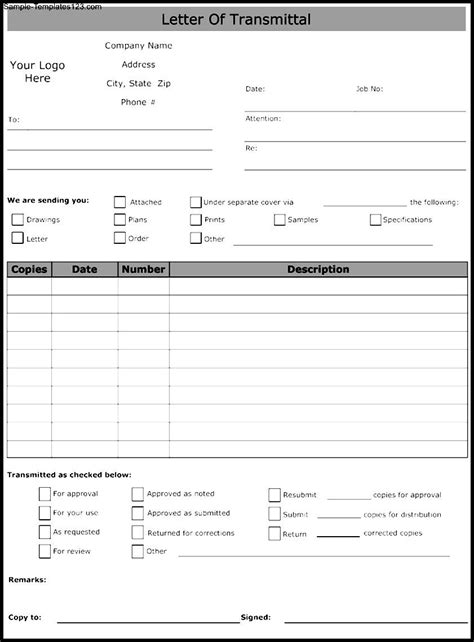 Letter Of Transmittal Form Template Sample Templates Sample Templates