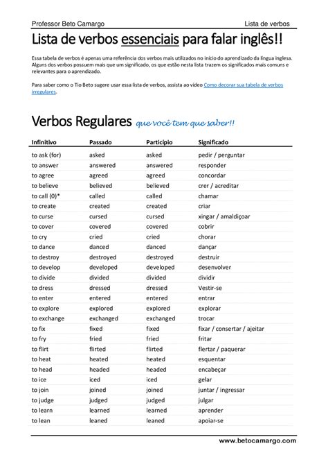 Tabela De Verbos Em Ingles Modisedu