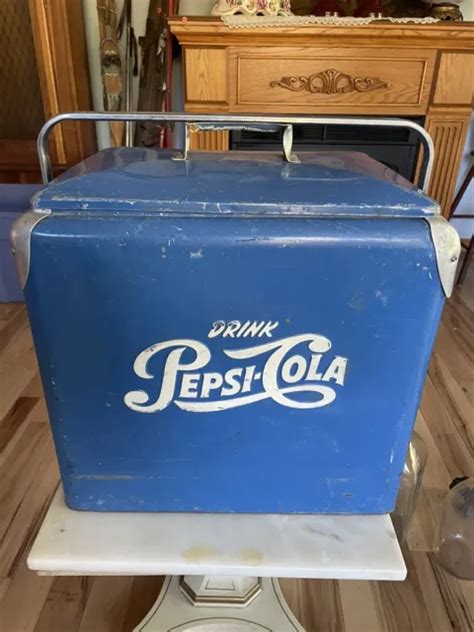 Vintage Drink Pepsi Cola 1950s Cooler Ice Box Blue Metal Picnic Soda