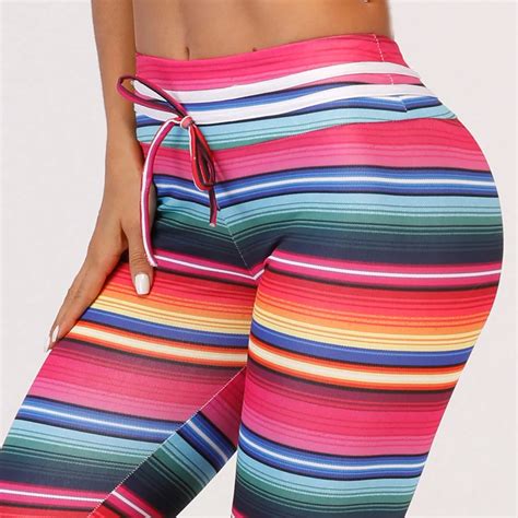 2018 Spring Sexy Skinny Pants Women High Waist Elastic Fitness Leggings Colorful Striped