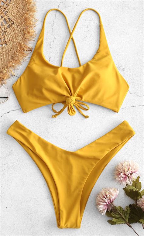 Yellow Knot Lace Up Criss Cross Bikini Set Swim Suit Women Criss