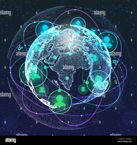 Close Up Of The Earth In The Dark Blue Background And A Network On Top