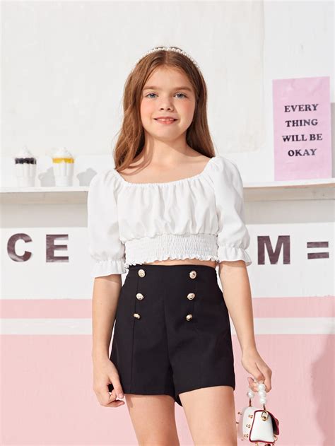 Girls Button Front High Waist Shorts In 2022 Girl Outfits High