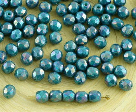 100pcs Luster Czech Glass Round Faceted Fire Polished Beads Small ...