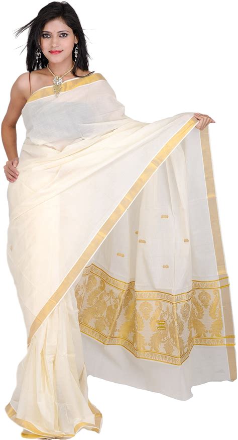 Pristine Kasavu Sari From Kerala With Peacocks Woven In Golden Thread On Anchal Exotic India Art