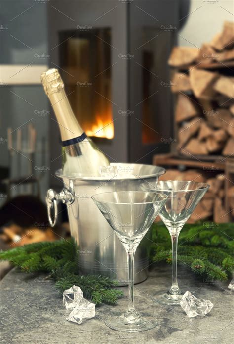 Champagne And Fireplace Containing Candle Champagne And Christmas