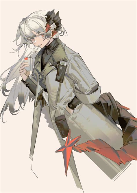 Safebooru 1girl Absurdres Arknights Bangs Cigarette Pack Coat Commentary Request Grey