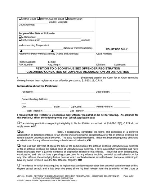 Jdf 461 Petition To Discontinue Sex Offender Registration Colorado
