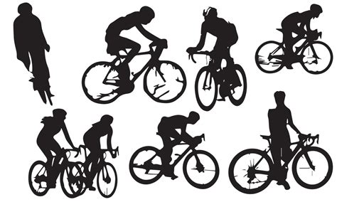 A Set Of Bicycle Cyclists Riding Their Bikes In Silhouettes Vector
