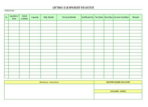 Lifting Equipment Register Format Samples Word Document Download