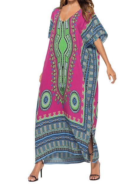 Womens Plus Size Boho Loose Baggy Hippie Dress Holiday Beach Floral Maxi Kaftan Robe Dress