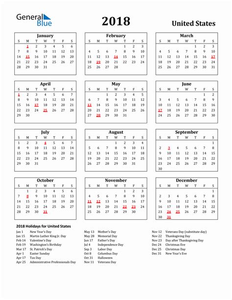 Free Printable 2018 United States Holiday Calendar