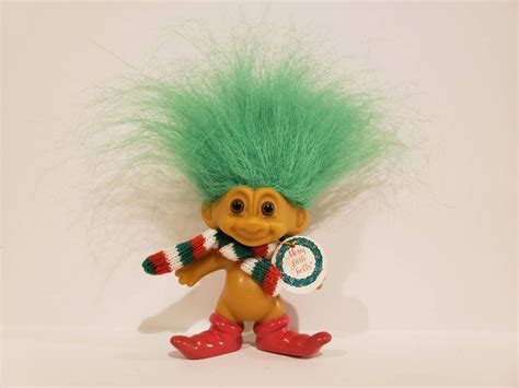 Vintage Russ Christmas Troll Doll Elf Green Hair Trolls 3 New With Hang