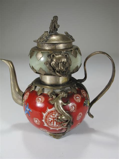 Sold Price Antique Chinese Metal Jade And Porcelain Teapot July 5