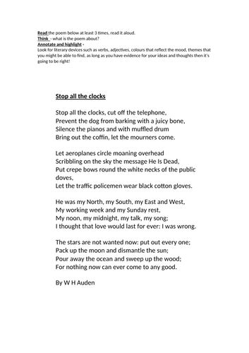 Unseen Poetry Stop All The Clocks By Wh Auden Lesson Teaching Resources