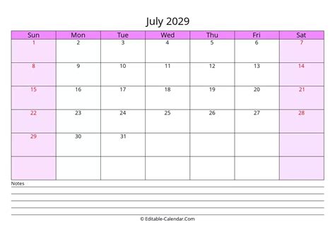 Download Free Editable Calendar July 2029 With Notes Weeks Start On Sunday
