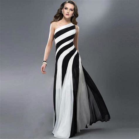 2016 chiffon one shoulder maxi dress black and white sexy prom dresses in prom dresses from