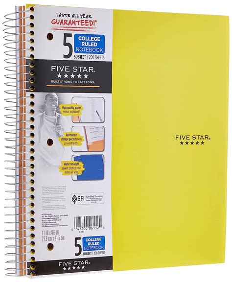 Five Star Spiral Notebooks 5 Subject College Ruled Paper 200 Sheets