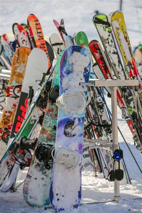 Ski And Snowboards Lined Up In Colorado Editorial Image Image Of
