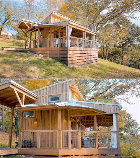 A Tiny House With A Covered Porch And Loft Bedroom Tiny House