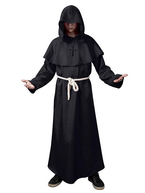 Cosfun Medieval Monk Hooded Robe Cloak Wizard Sorcerer Mage Or Priest Costume Men L Black