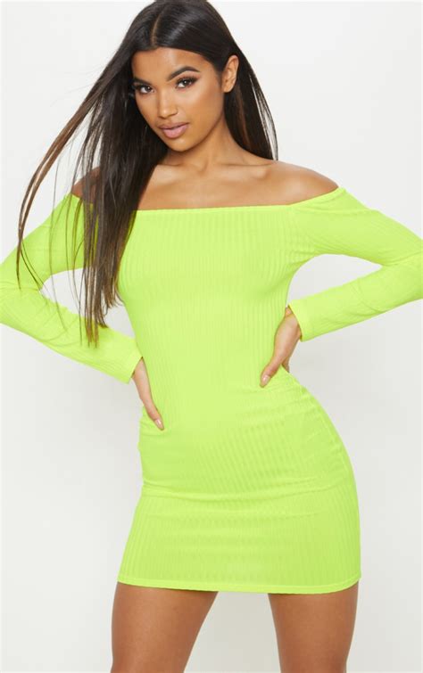 Neon Yellow Ribbed Long Sleeve Dress Prettylittlething Usa