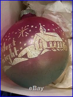 Vintage Shiny Brite Pink Blue Silent Night Stencil Mica Glass Christmas Ornament Christmas