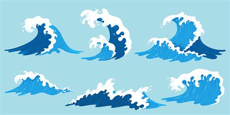 Vector Sea Waves Collection Illustration Of Blue Ocean Waves With White