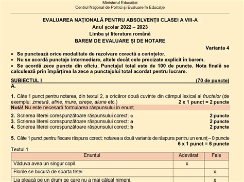 Baremul De Corectare Pentru Proba De Limba Română De La Evaluarea