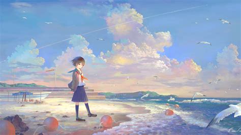 1366x768 Anime Girl At The Seaside 1366x768 Resolution Wallpaper Hd Anime 4k Wallpapers Images