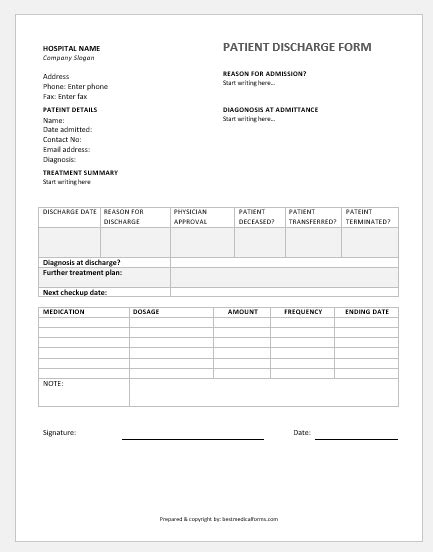 Ms Word Patient Discharge Form Templates Downloads