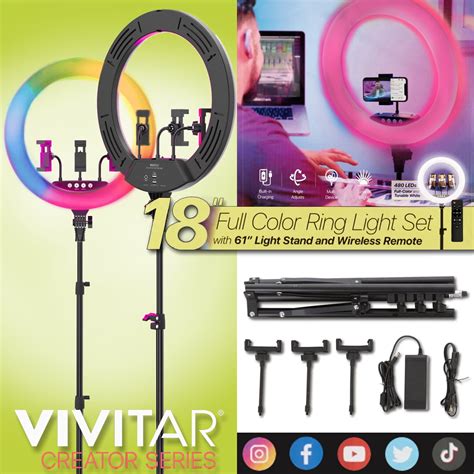 Vivitar 18" LED RGB Ring Light with Tripod, Phone Holder USB Charging